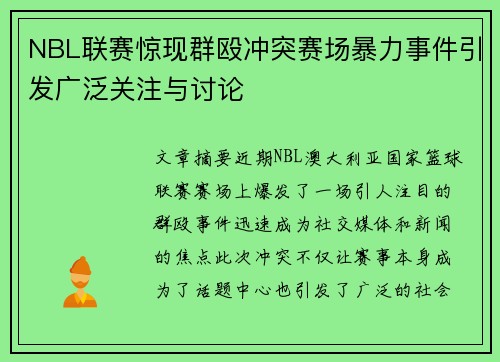 NBL联赛惊现群殴冲突赛场暴力事件引发广泛关注与讨论