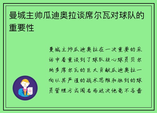 曼城主帅瓜迪奥拉谈席尔瓦对球队的重要性